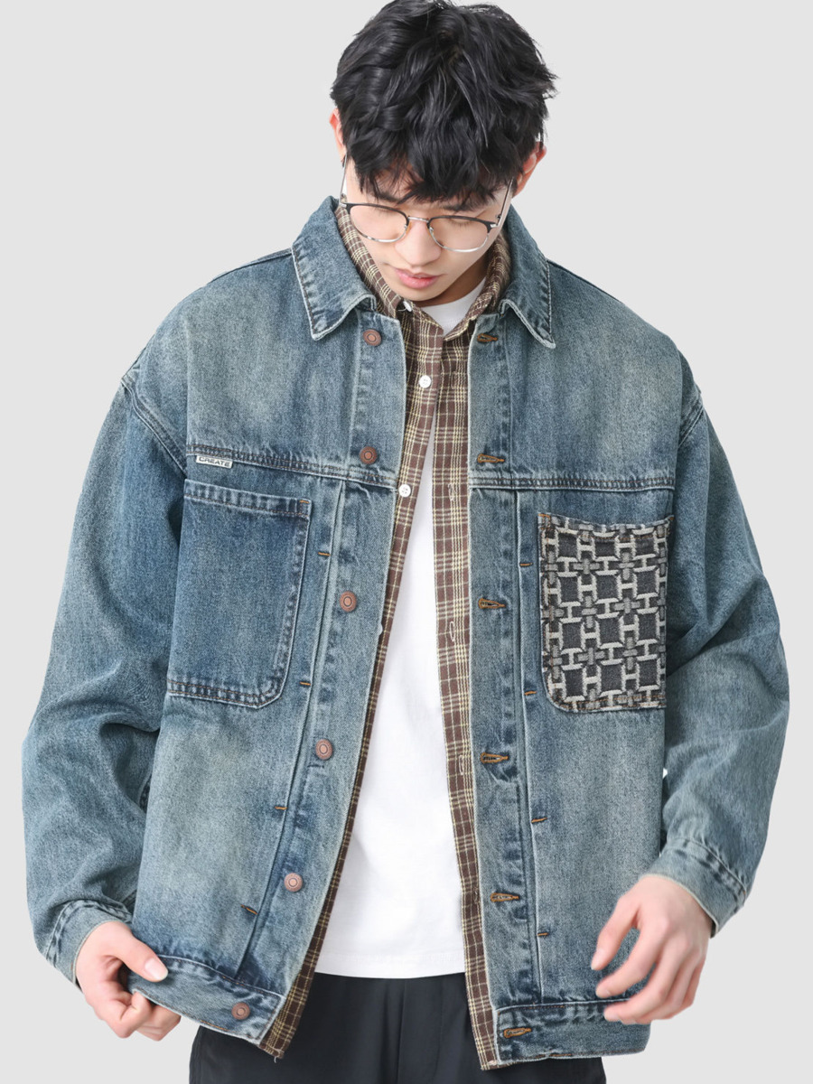 Vintage Fashion Hong Kong - 남성용 빈티지 자수 포켓 데님 재킷,