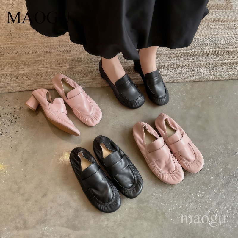 Vintage Fashion Aesthetic - 부드러운 가죽 로퍼 여성용 주름 장식