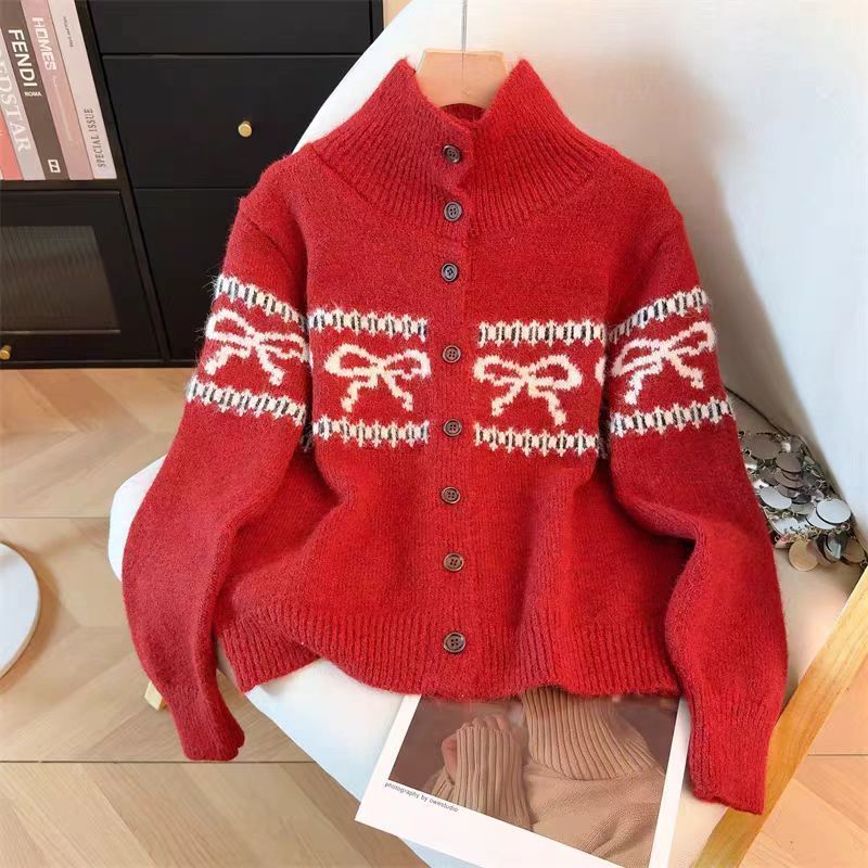 빨간색 리본 장식의 페어 아일 패턴 니트 가디건, 여성 - Vintage Fashion Faire 리뷰 및 가격